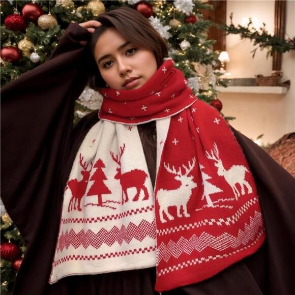 Fall & Winter Soft Knit Scarf - Reindeer & Snowflake Pattern for Women - Picture 6 of 8